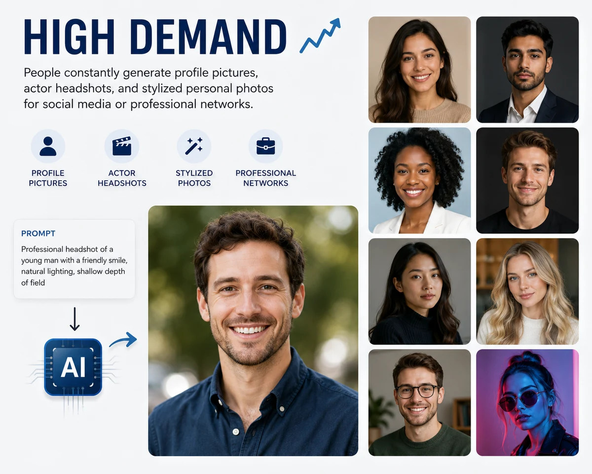 AI-generated profile pictures, professional headshots and stylised personal photos.