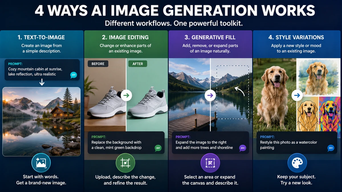 Four ways AI image generation works: text-to-image, image editing, generative fill and style variations.