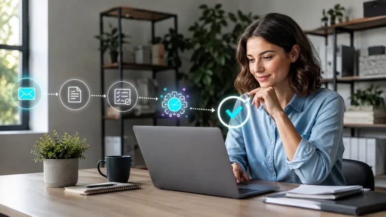 Small-business owner reviewing an AI automation workflow on her laptop.