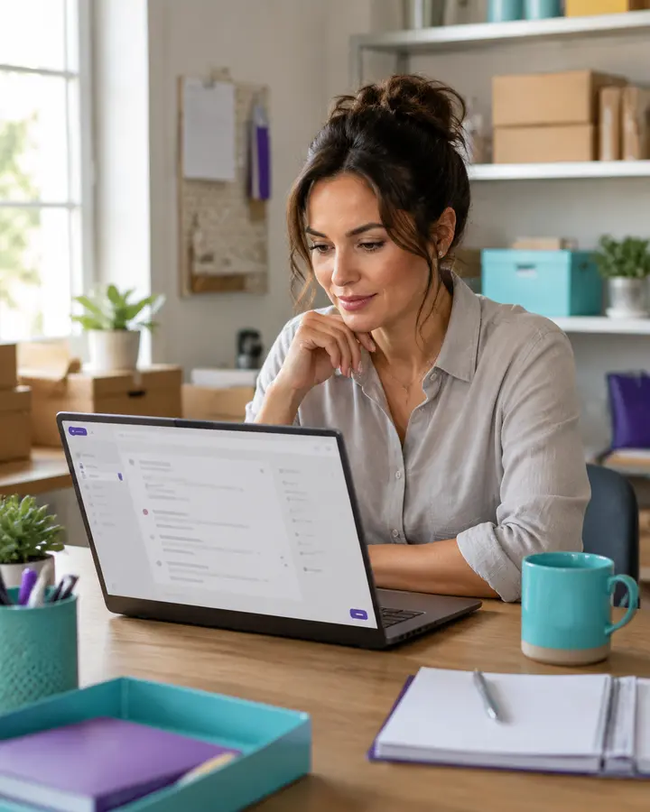 Small-business owner reviewing an AI-drafted email before approving it.