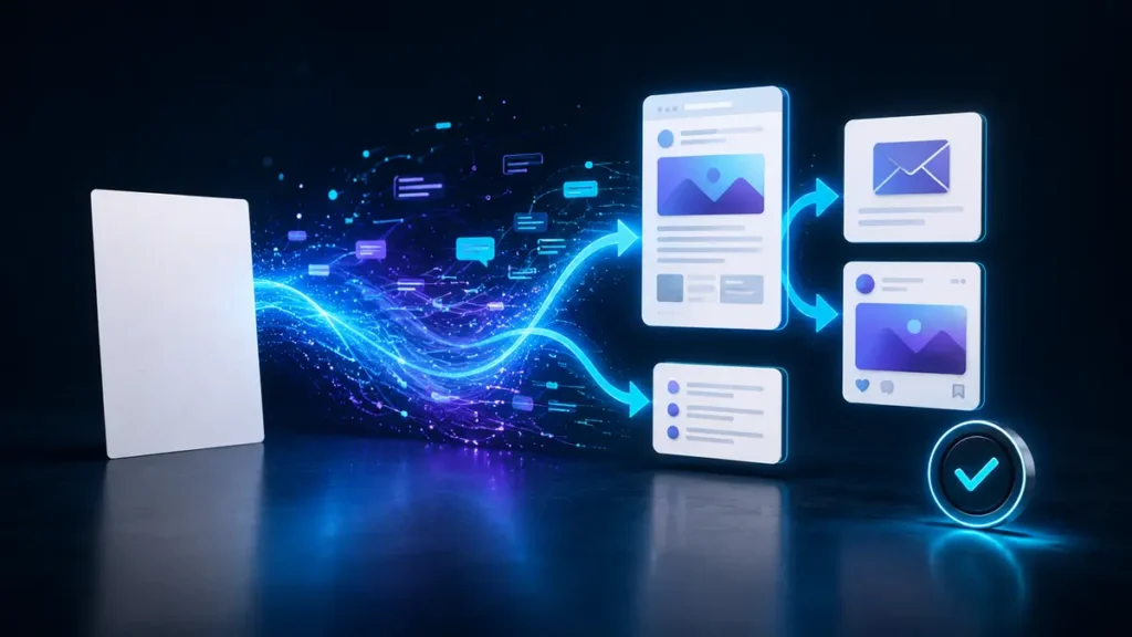 A blank idea transforming into an article, email, social post and summary.