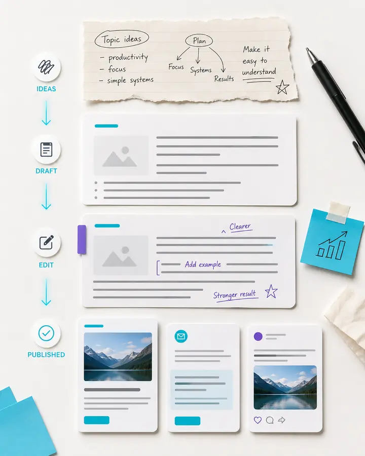 Rough notes being developed into reviewed and finished content formats.