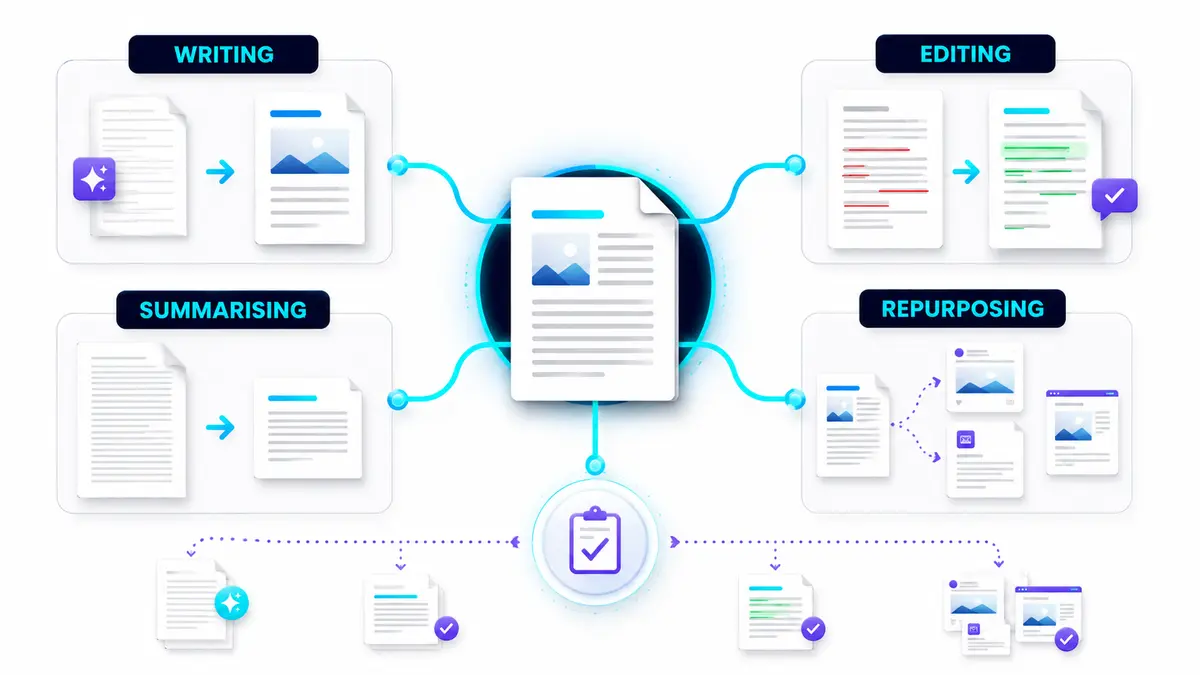 Diagram comparing AI writing, editing, summarising and content repurposing.