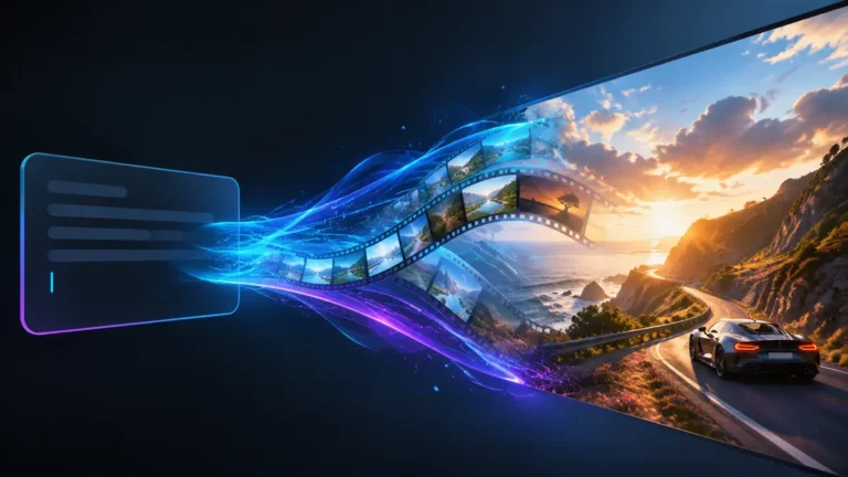 A written AI prompt transforming into a cinematic video sequence.