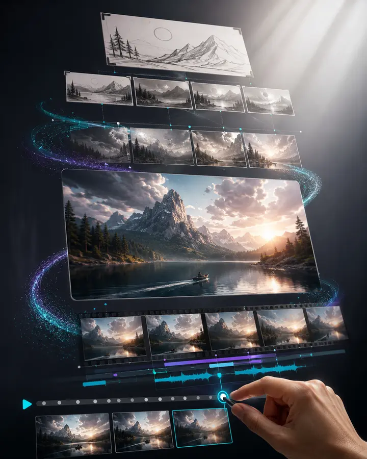 Storyboard frames transforming into an AI-generated video with human review controls.