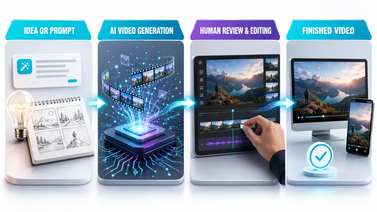 Diagram showing the AI video generation workflow from idea to finished video.
