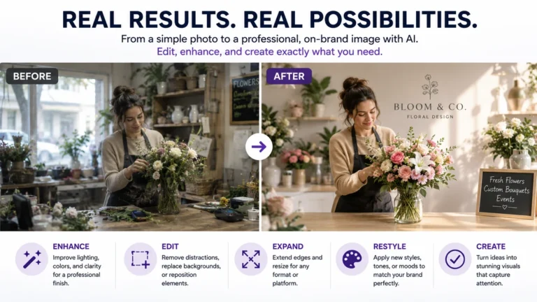 AI image generation before-and-after example showing a small business photo transformed into polished branded marketing content